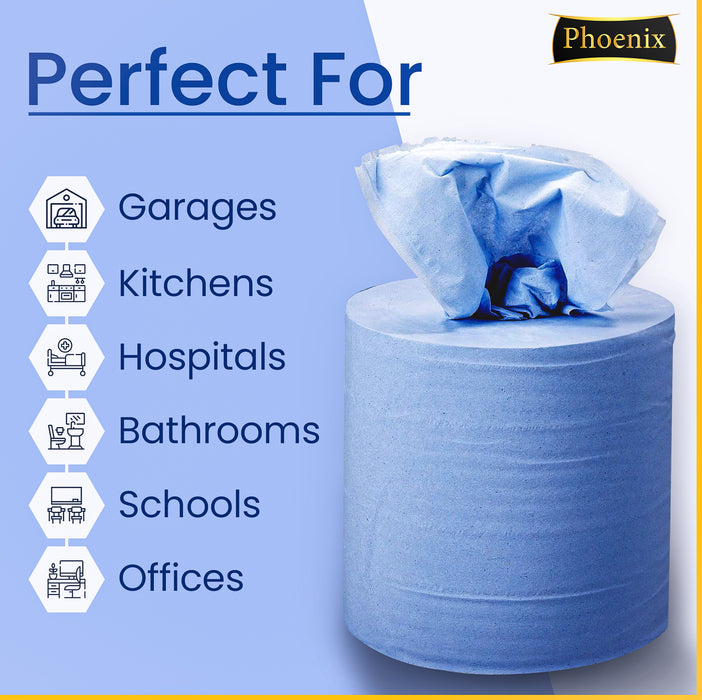 12 x Blue Centre Feed 2 Ply Embossed Paper Wipe Pull Rolls Wipes Kitchen Towel
