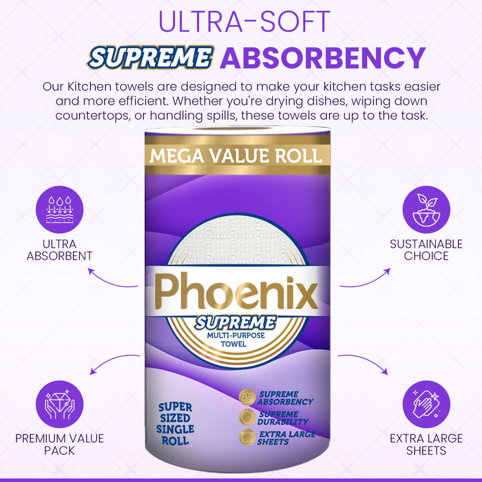 Phoenix Supreme Household Multi Purpose Kitchen TAD Paper Towel, Super Sized Ultra Resistant and Ultra Absorbent Sheets (6 Count)