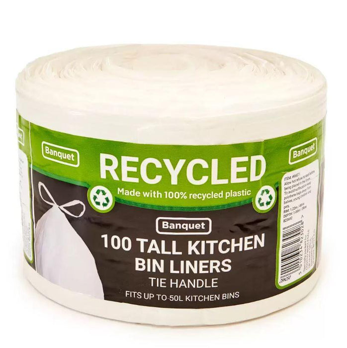 Banquet Recycled Tie Handle Tall Kitchen Bin Liners, 100 Bags