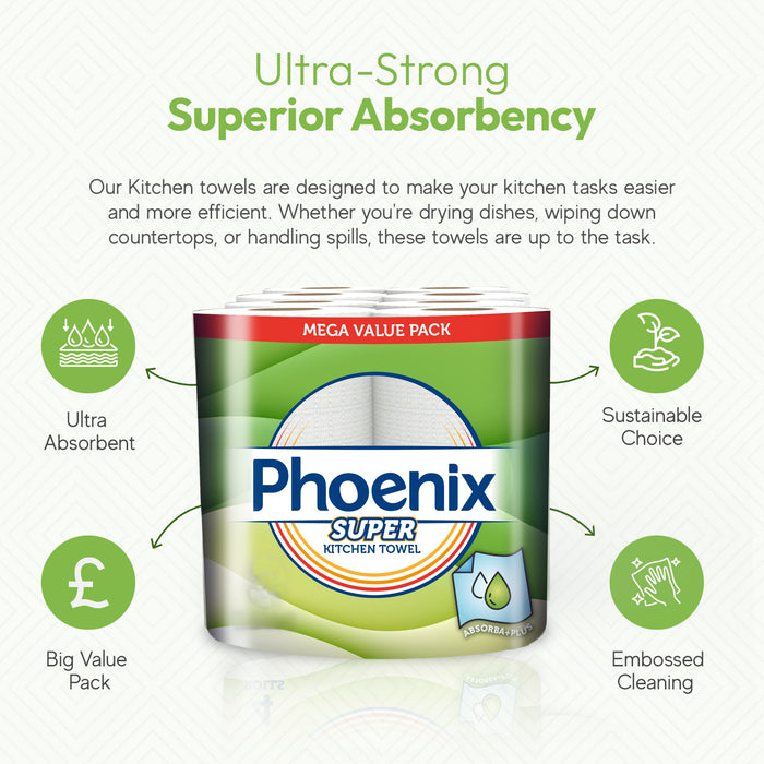 Phoenix Super Household Multi Purpose Kitchen Paper Towel 600 Super Absorbent Sheets (8 Count)