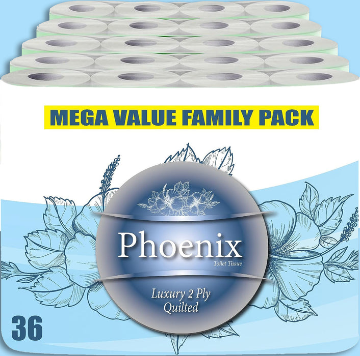 36 Rolls of Phoenix Quilted 2 Ply Soft White Toilet Paper Roll