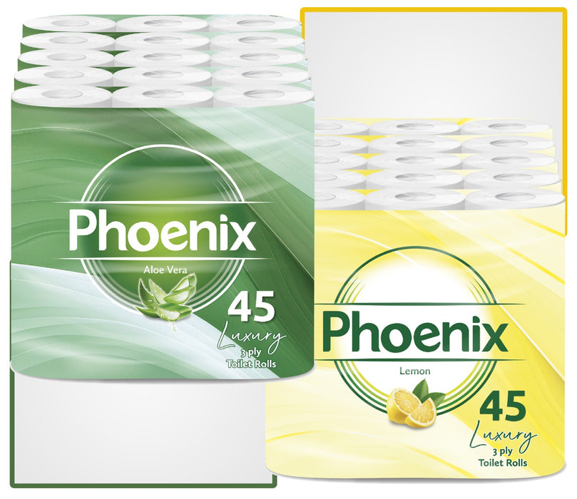 Phoenix 90 Toilet Rolls 3 Ply – Bulk Aloe Vera & Lemon Variety Pack, Soft, Strong & Fresh Bathroom Tissue