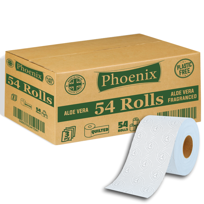 54 Rolls of Plastic Free Quilted 3 Ply Aloe Vera Fragranced Toilet Rolls