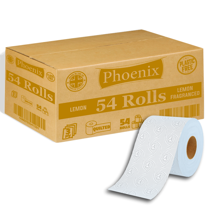 54 Rolls of Plastic Free Quilted 3 Ply Lemon Fragranced Toilet Rolls