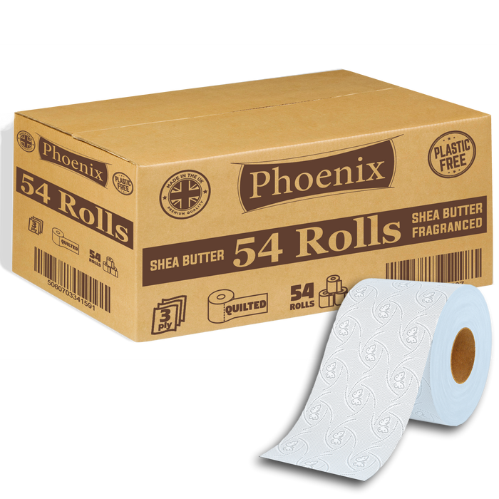 54 Rolls of Plastic Free Quilted 3 Ply Shea Butter Fragranced Toilet Rolls