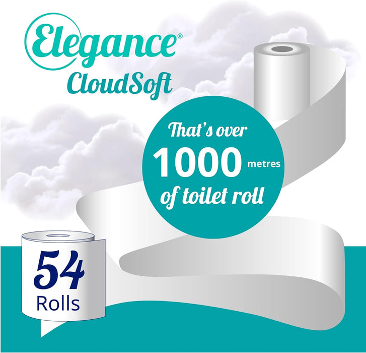 Elegance Cloud Soft Toilet Roll - Bulk Buy Pack of 54 Rolls - Soft, 2-Ply, Recycled, Eco-Friendly, UK Manufactured