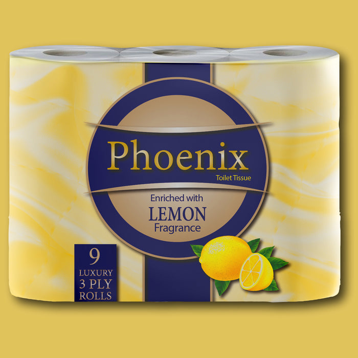 Phoenix Brand 9 Soft Luxury Toilet Rolls, Lemon Fragranced Quilted White 3 Ply Toilet Paper - (9 x 1 Pack)