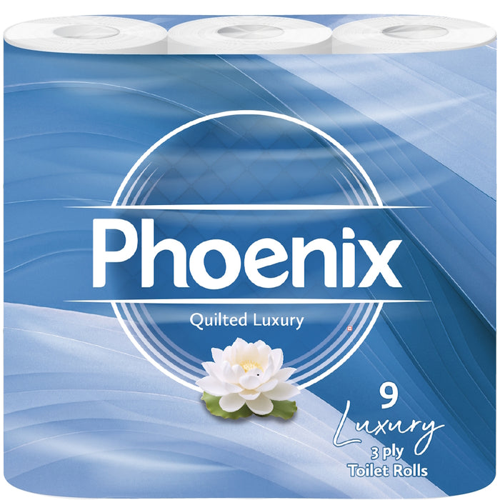 Phoenix Brand 9 Soft Luxury Toilet Rolls, Bulk Buy, Quilted White 3 Ply Toilet Paper - (9 x 1 Pack)