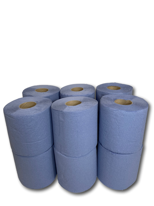 12 x Blue Centre Feed 2 Ply Embossed Paper Wipe Pull Rolls Wipes Kitchen Towel