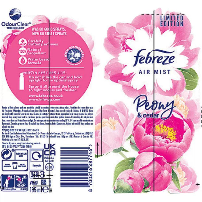 Febreze Air Mist Limited Edition Peony & Cedar Scent 4 x 185ml