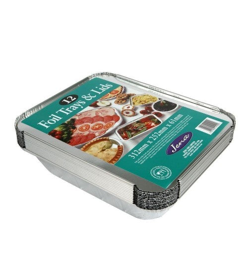 12 x Jena Large Foil Trays with Lids, Silver, 312mm x 252mm x 61mm