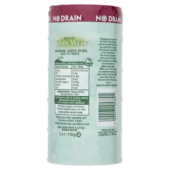 John West No Drain Tuna Steak in Spring Water, 5 x 110g