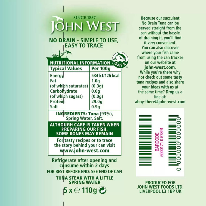 John West No Drain Tuna Steak in Spring Water, 5 x 110g