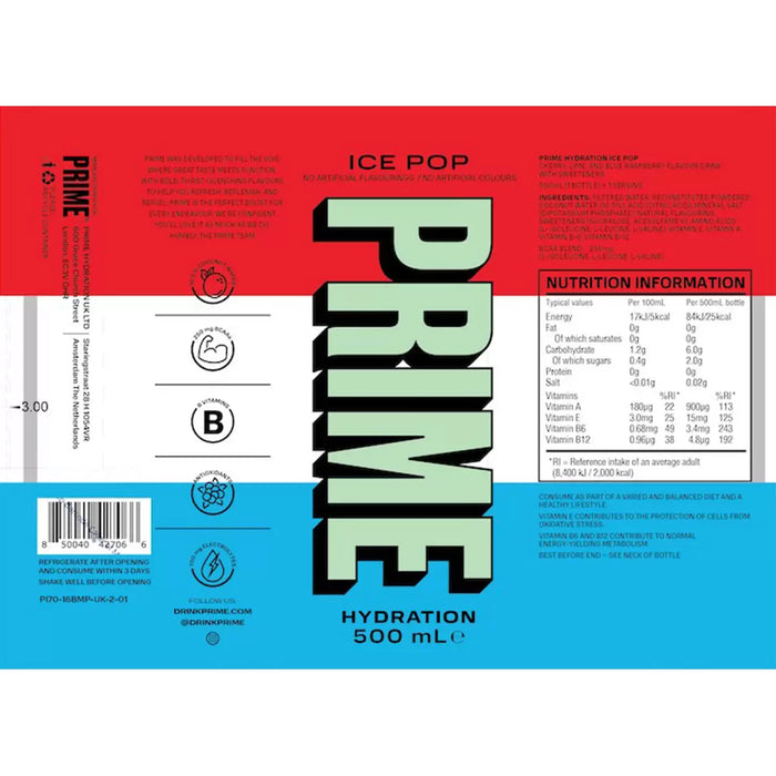 PRIME Hydration Ice Pop Drink, 12 x 500ml