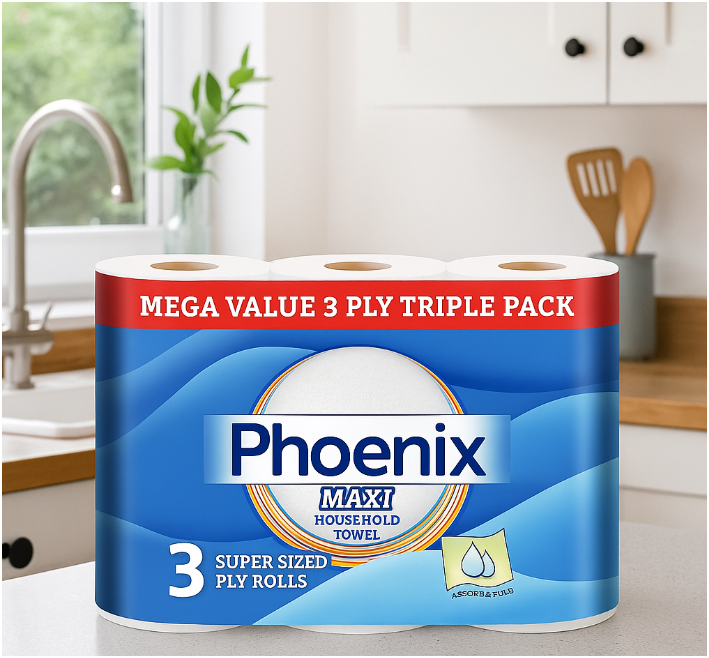 Phoenix MAXI 3-Ply Kitchen Towels – 12 Super-Sized Household Rolls | Ultra Absorbent & Strong | Triple Layer Design for Tough Cleaning Tasks