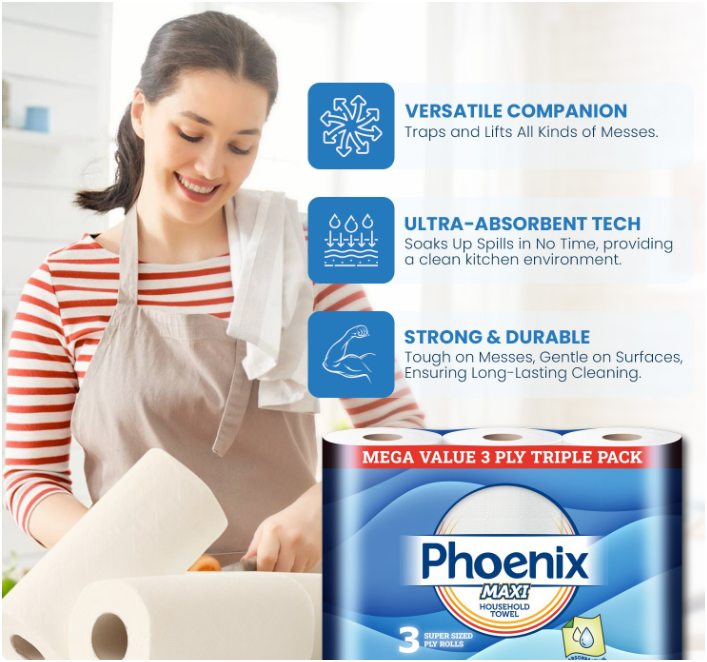 Phoenix MAXI 3-Ply Kitchen Towels – 6 Super-Sized Household Rolls | Ultra Absorbent & Strong | Triple Layer Design for Tough Cleaning Tasks