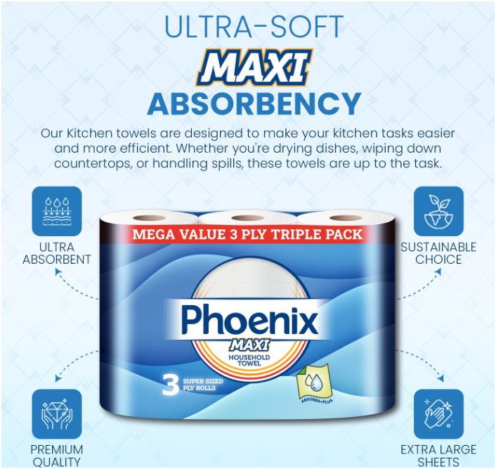 Phoenix MAXI 3-Ply Kitchen Towels – 12 Super-Sized Household Rolls | Ultra Absorbent & Strong | Triple Layer Design for Tough Cleaning Tasks