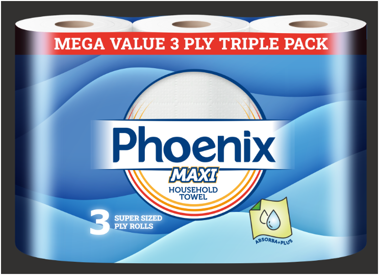 Phoenix MAXI 3-Ply Kitchen Towels – 3 Super-Sized Household Rolls | Ultra Absorbent & Strong | Triple Layer Design for Tough Cleaning Tasks