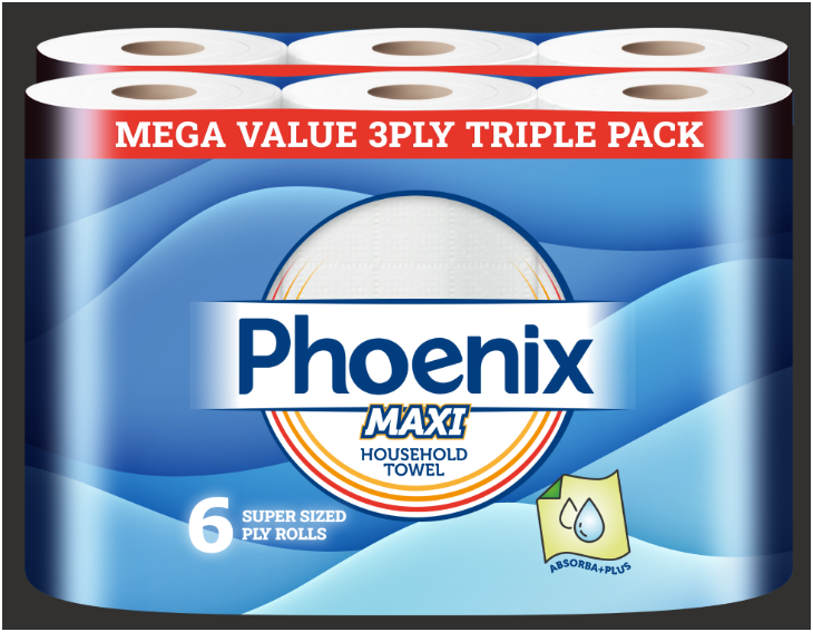 Phoenix MAXI 3-Ply Kitchen Towels – 6 Super-Sized Household Rolls | Ultra Absorbent & Strong | Triple Layer Design for Tough Cleaning Tasks