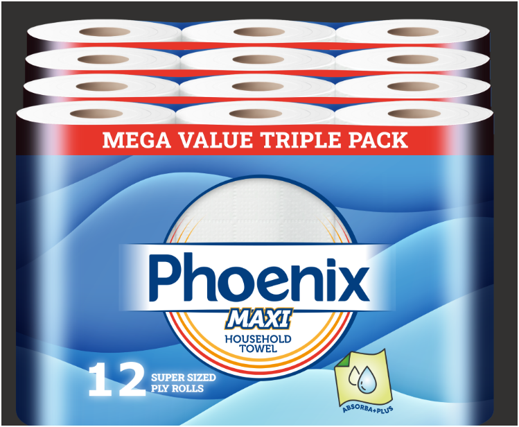 Phoenix MAXI 3-Ply Kitchen Towels – 12 Super-Sized Household Rolls | Ultra Absorbent & Strong | Triple Layer Design for Tough Cleaning Tasks