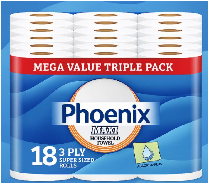Phoenix MAXI 3-Ply Kitchen Towels – 18 Super-Sized Household Rolls | Ultra Absorbent & Strong | Triple Layer Design for Tough Cleaning Tasks