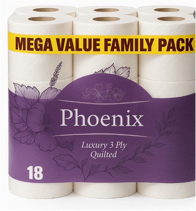 Phoenix 18 Rolls 3 Ply Quilted Toilet Paper – Soft, Strong & Family Value Pack