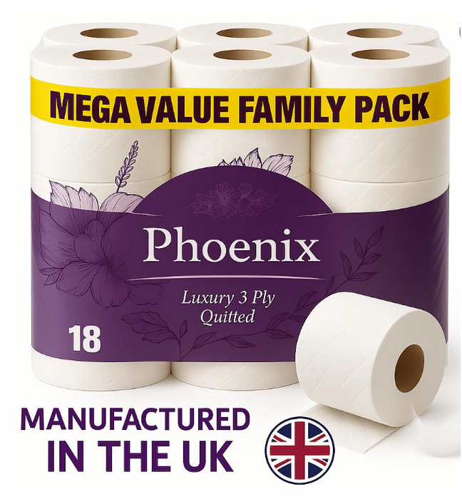 Phoenix 18 Rolls 3 Ply Quilted Toilet Paper – Soft, Strong & Family Value Pack