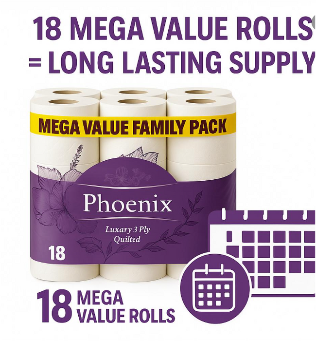 Phoenix 18 Rolls 3 Ply Quilted Toilet Paper – Soft, Strong & Family Value Pack