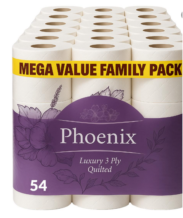 Phoenix 54 Rolls Toilet Paper | Premium 3 Ply Quilted Tissue | Extra Soft, Strong & Long Lasting Family Value Pack