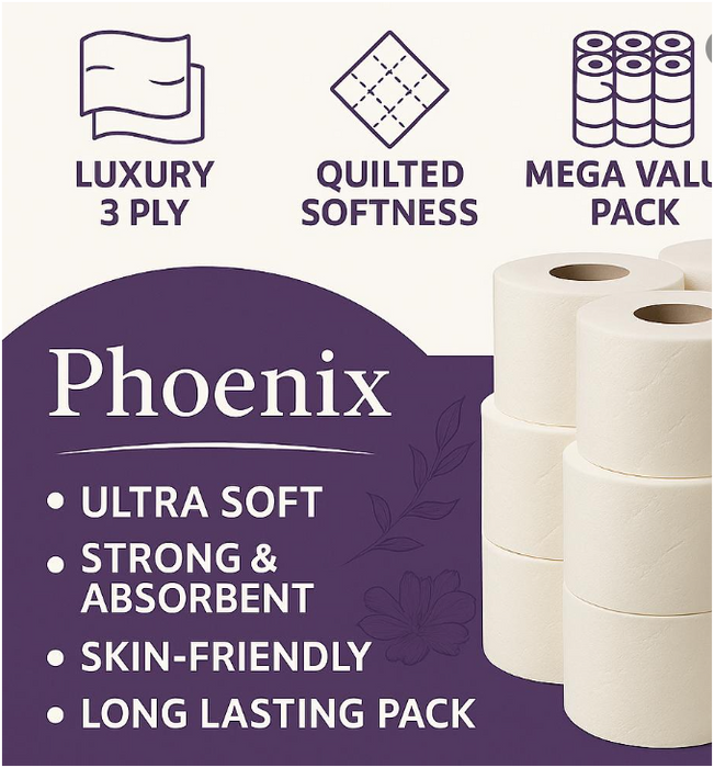 Phoenix 36 Rolls 3-Ply Toilet Paper – Soft, Strong & Quilted Family Pack