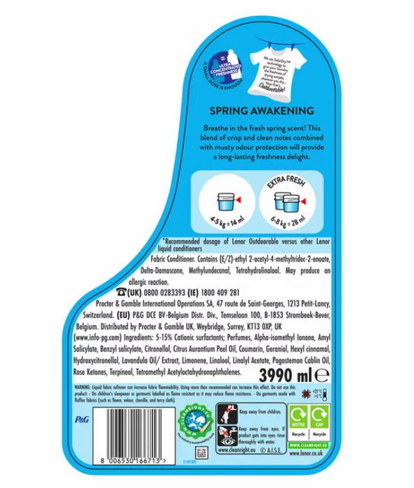 Lenor Outdoorable Spring Awakening Fabric Conditioner – 285 Wash (3.99L)