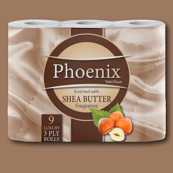 Phoenix Brand 9 Soft Luxury Toilet Rolls, Shea Butter Fragranced Quilted White 3 Ply Toilet Paper - (9 x 1 Pack)