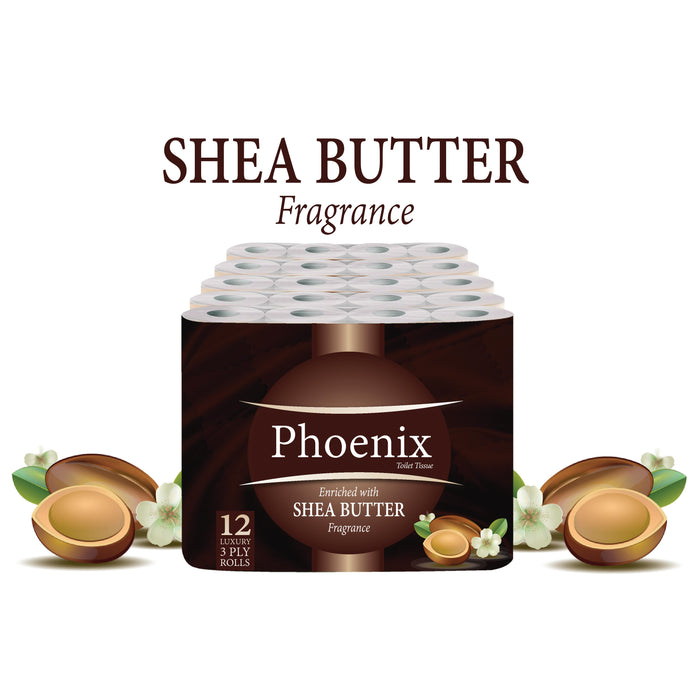 Phoenix Soft Shea Butter Fragranced Quilted White 3 Ply Toilet Paper (12 Pack)