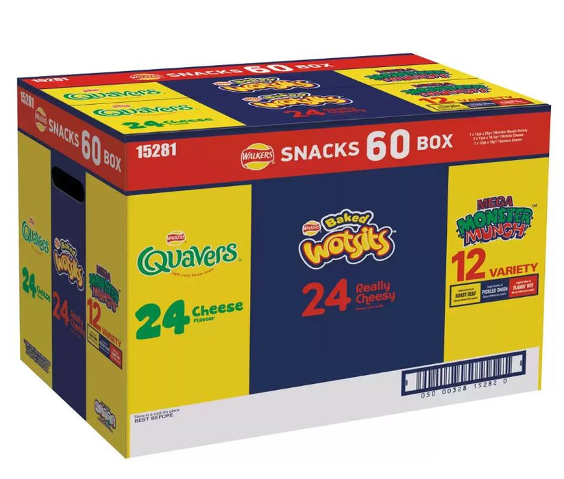 Walkers Snack Variety Box 60 Pack - 24 Quaver- 24 Wotsits - 12 Monster Munch