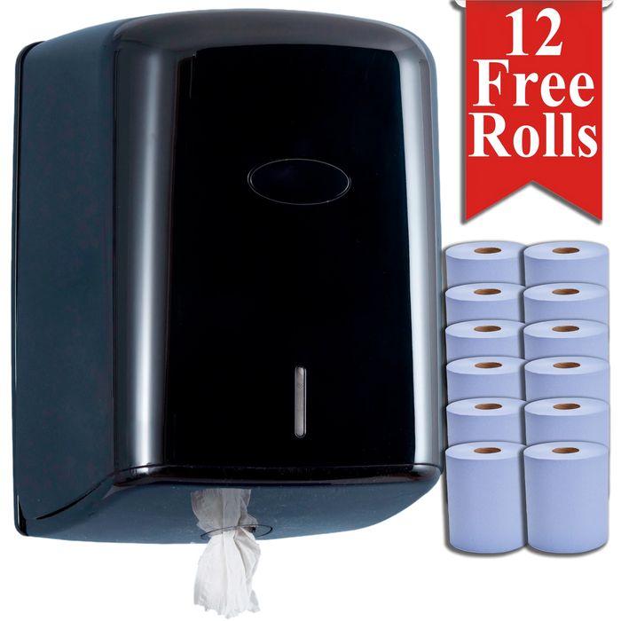 Black Wall Mounted Paper Towel Dispenser with 12 Centrefeed Blue Rolls