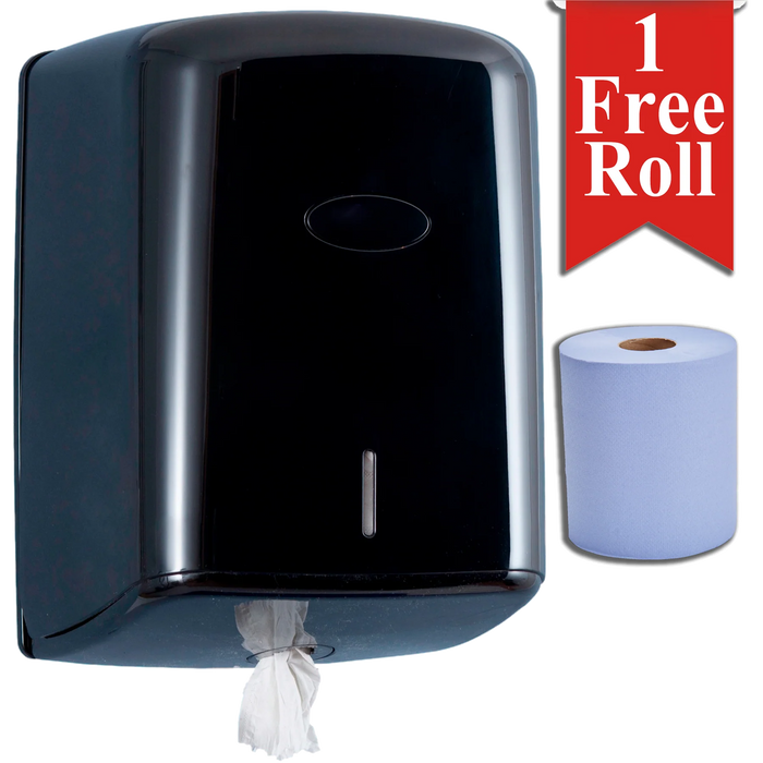Black Wall Mounted Paper Towel Dispenser with a Centrefeed Blue Roll