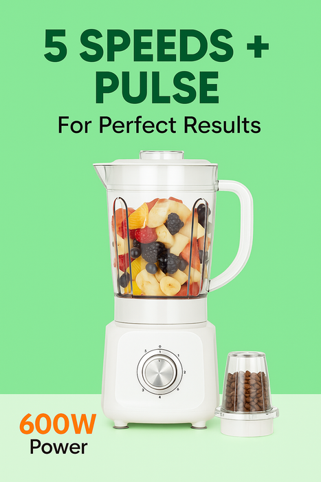 White 2-in-1 Blender & Grinder 600W with 1.5L Jar and 5 Speed Settings