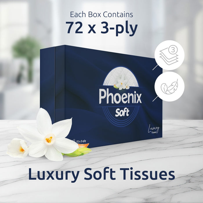 Phoenix Soft Luxury Facial Tissues - Gentle & Delicate, Bulk Buy (24 Boxes X 72 3-Ply Tissues)