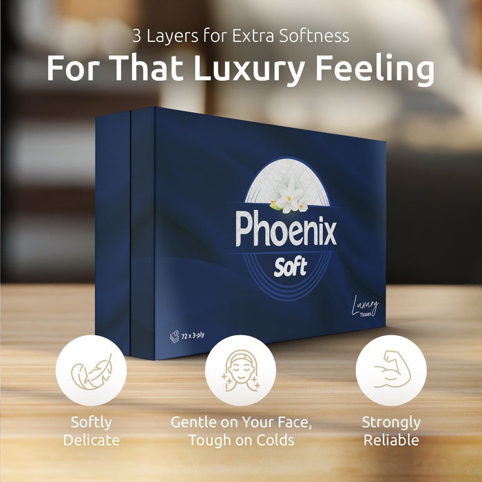 Phoenix Soft Luxury Facial Tissues - Gentle & Delicate, Bulk Buy (24 Boxes X 72 3-Ply Tissues)