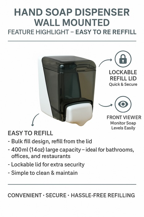 Wall Mounted Hand Soap Dispenser 400ml Refillable ABS Sanitizer Bathroom Kitchen