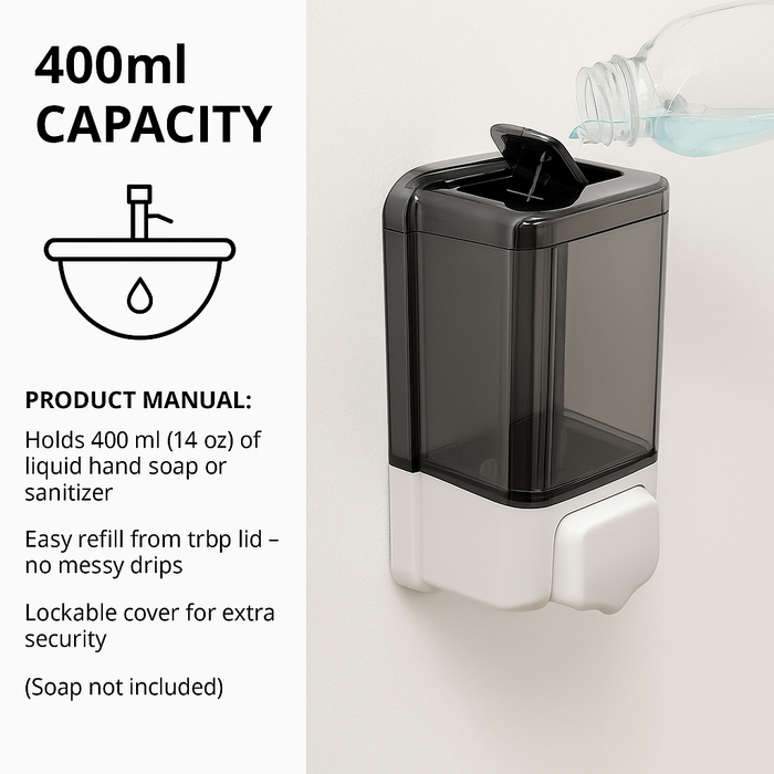 Wall Mounted Hand Soap Dispenser 400ml Refillable ABS Sanitizer Bathroom Kitchen