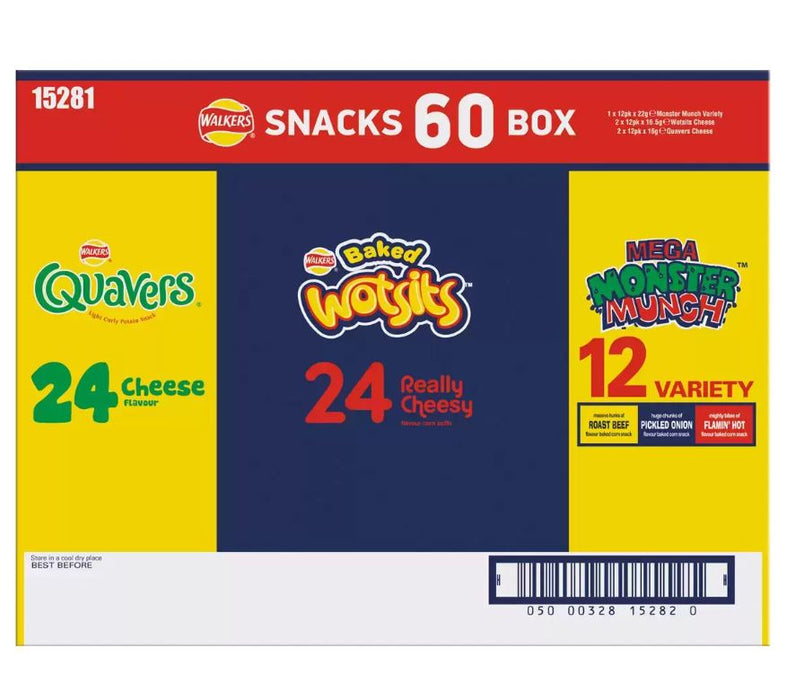 Walkers Snack Variety Box 60 Pack - 24 Quaver- 24 Wotsits - 12 Monster Munch