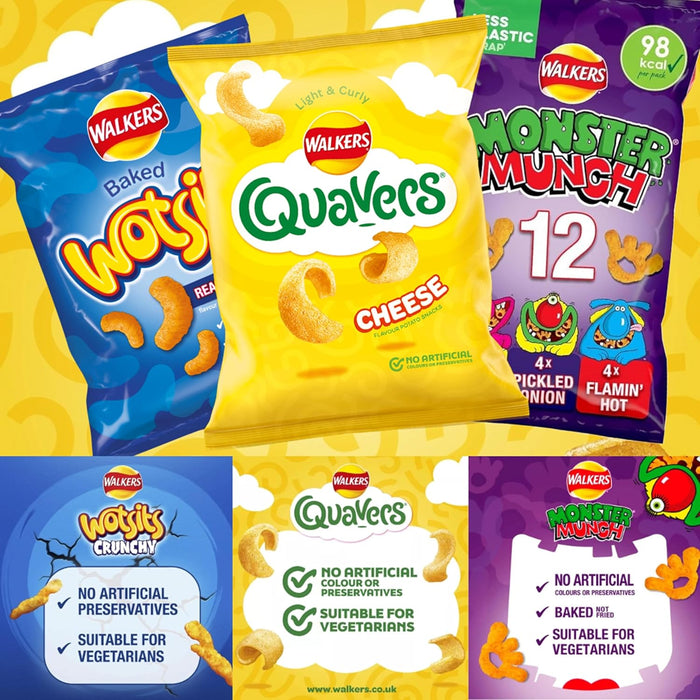 Walkers Snack Variety Box 60 Pack - 24 Quaver- 24 Wotsits - 12 Monster Munch