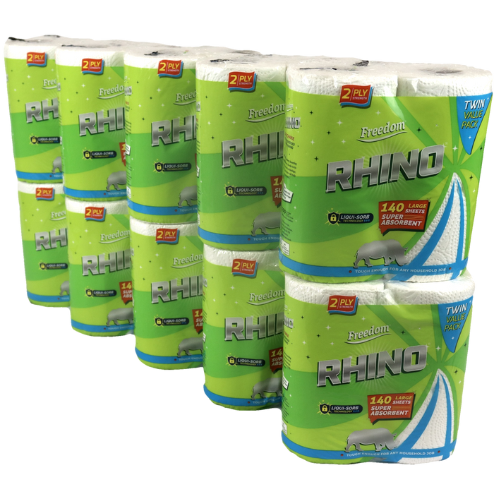 20 Pack of Extra Absorbent Rhino Kitchen Roll 140 Large Sheets Per Roll