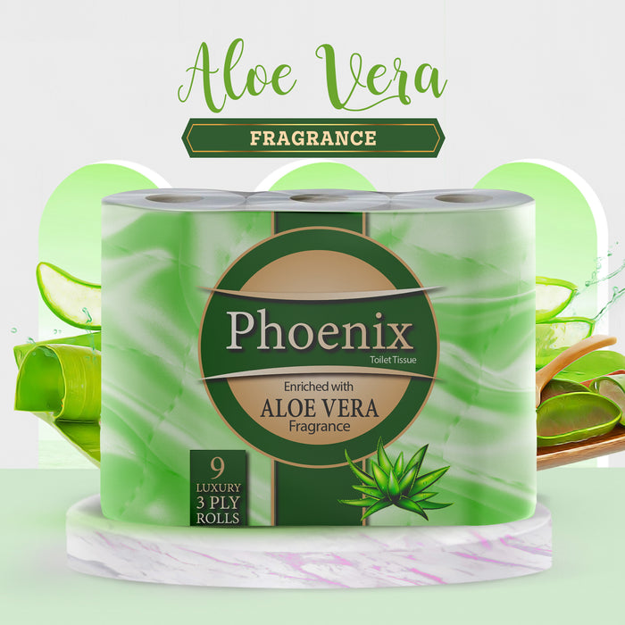 Phoenix Brand 9 Soft Luxury Toilet Rolls, Aloe Vera Fragranced Quilted White 3 Ply Toilet Paper - (9 x 1 Pack)