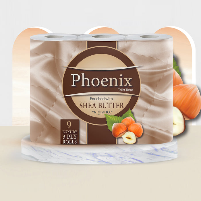 Phoenix Brand 9 Soft Luxury Toilet Rolls, Shea Butter Fragranced Quilted White 3 Ply Toilet Paper - (9 x 1 Pack)