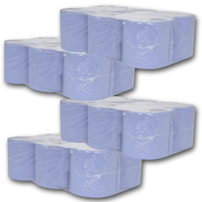24 x Blue Centre Feed 2 Ply Embossed Paper Wipe Pull Rolls Wipes Kitchen Towel