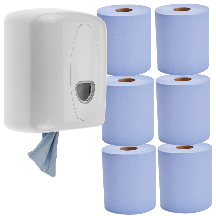 Blue Centerfeed Dispenser with 6 Rolls of 50M Center Feed