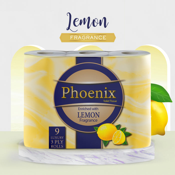 Phoenix Brand 9 Soft Luxury Toilet Rolls, Lemon Fragranced Quilted White 3 Ply Toilet Paper - (9 x 1 Pack)