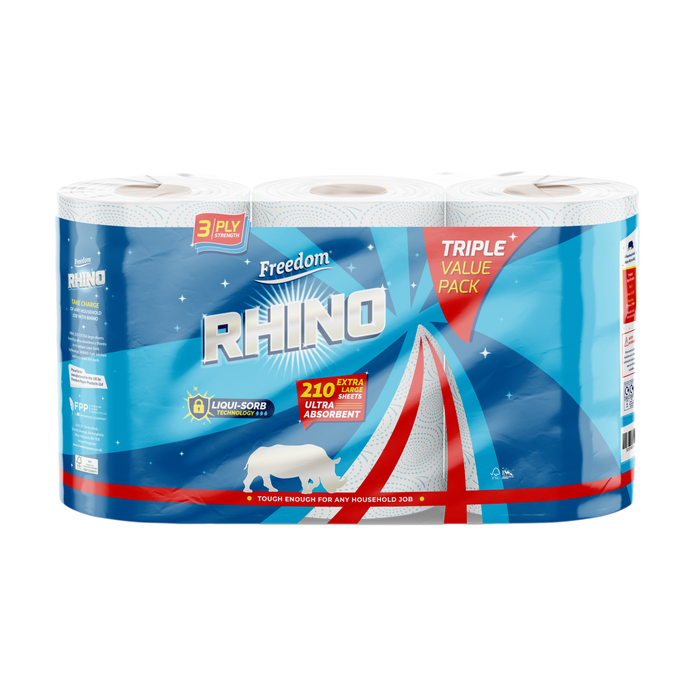 Rhino 3 Ply Triple Value Pack Kitchen Roll, 5 Packs Per Case (15 Rolls)